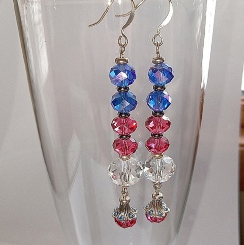 Artisan Purple Pink Crystal Earrings Pierced Silver Dangle New Gift for Women
